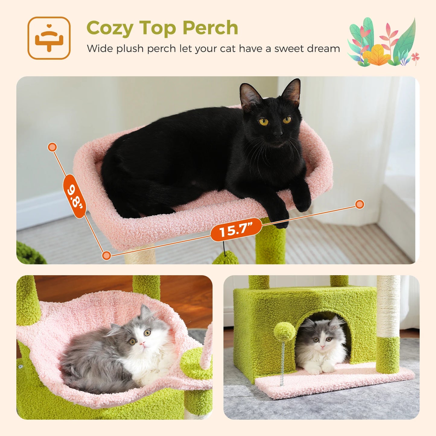 Cactus Cat Tree with Large Condo, Scratching Post, Deep Hammock, and Cozy Top Perch