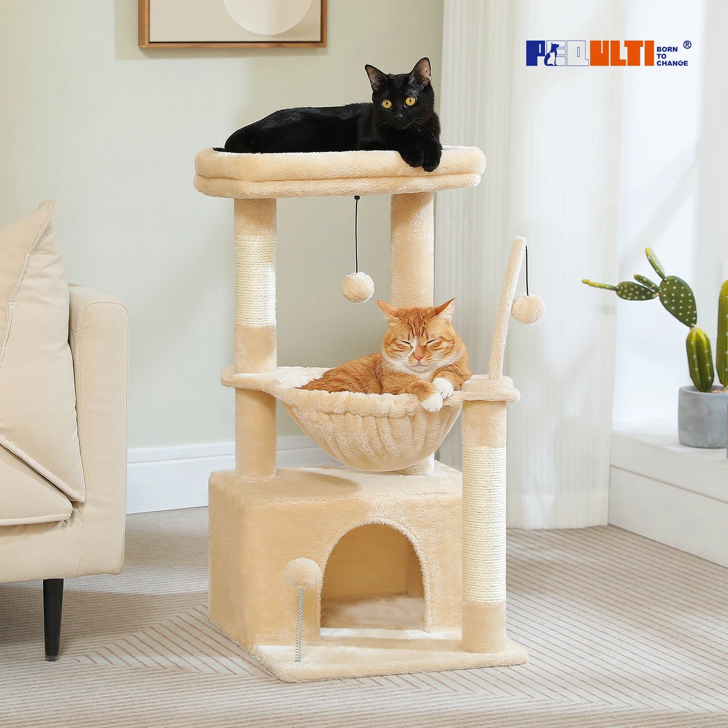 Cat Tree with Large Cat Condo, Scratching Post, Deep Hammock, and Cozy Top Perch