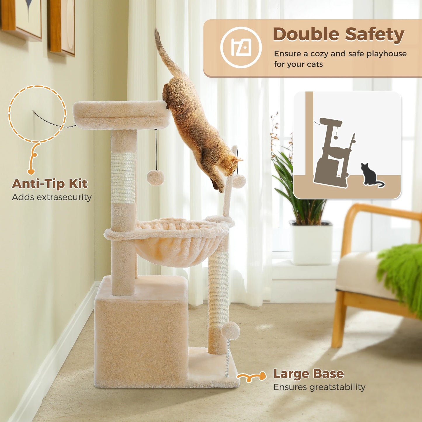 Cat Tree with Large Cat Condo, Scratching Post, Deep Hammock, and Cozy Top Perch