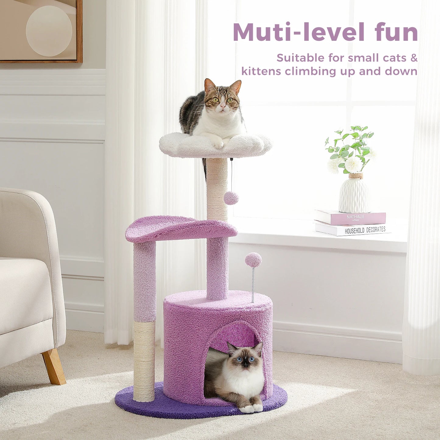 Flower Cat Tree for with Scratching Post, Soft Condo, Plush Perches, and Fluffy Balls
