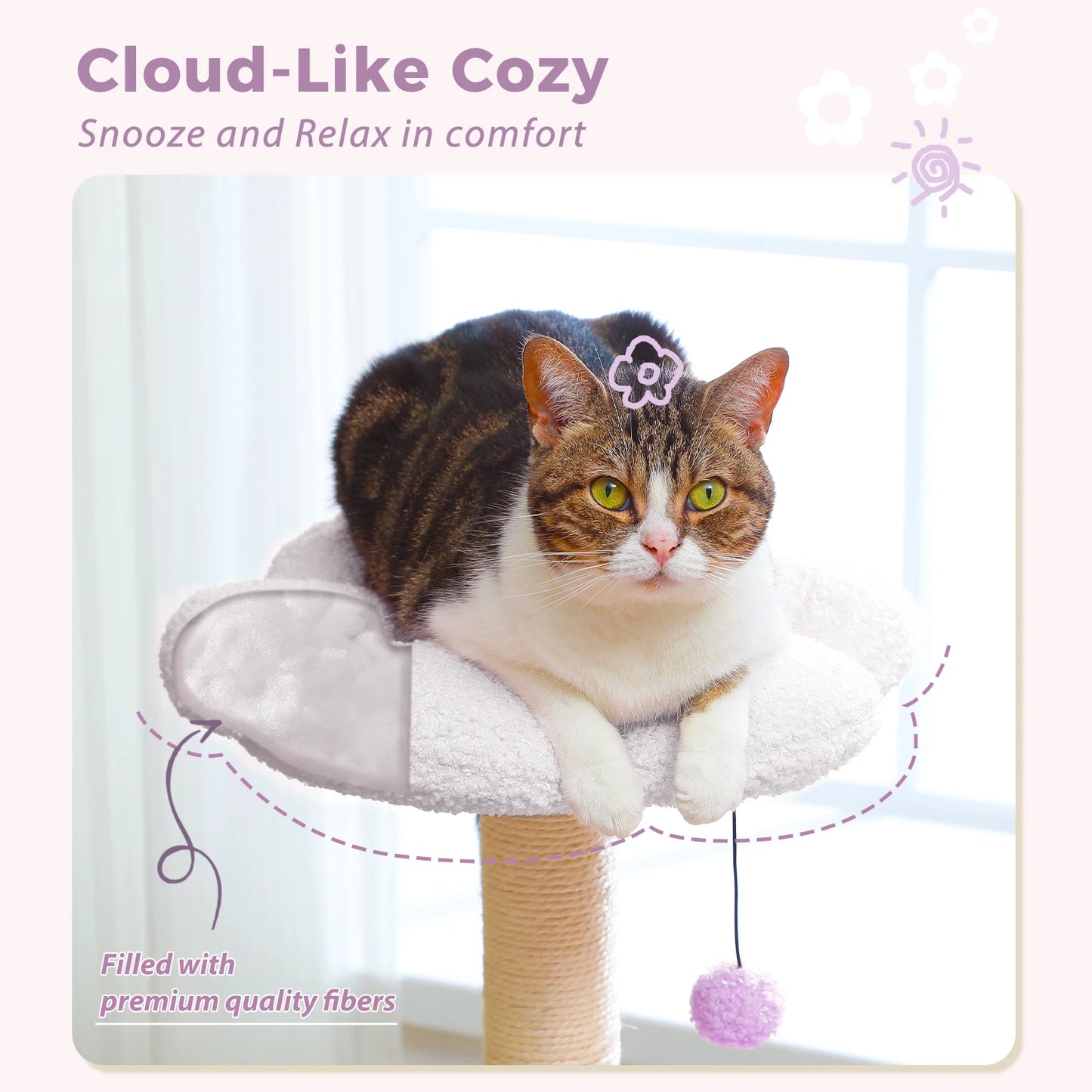 Flower Cat Tree for with Scratching Post, Soft Condo, Plush Perches, and Fluffy Balls