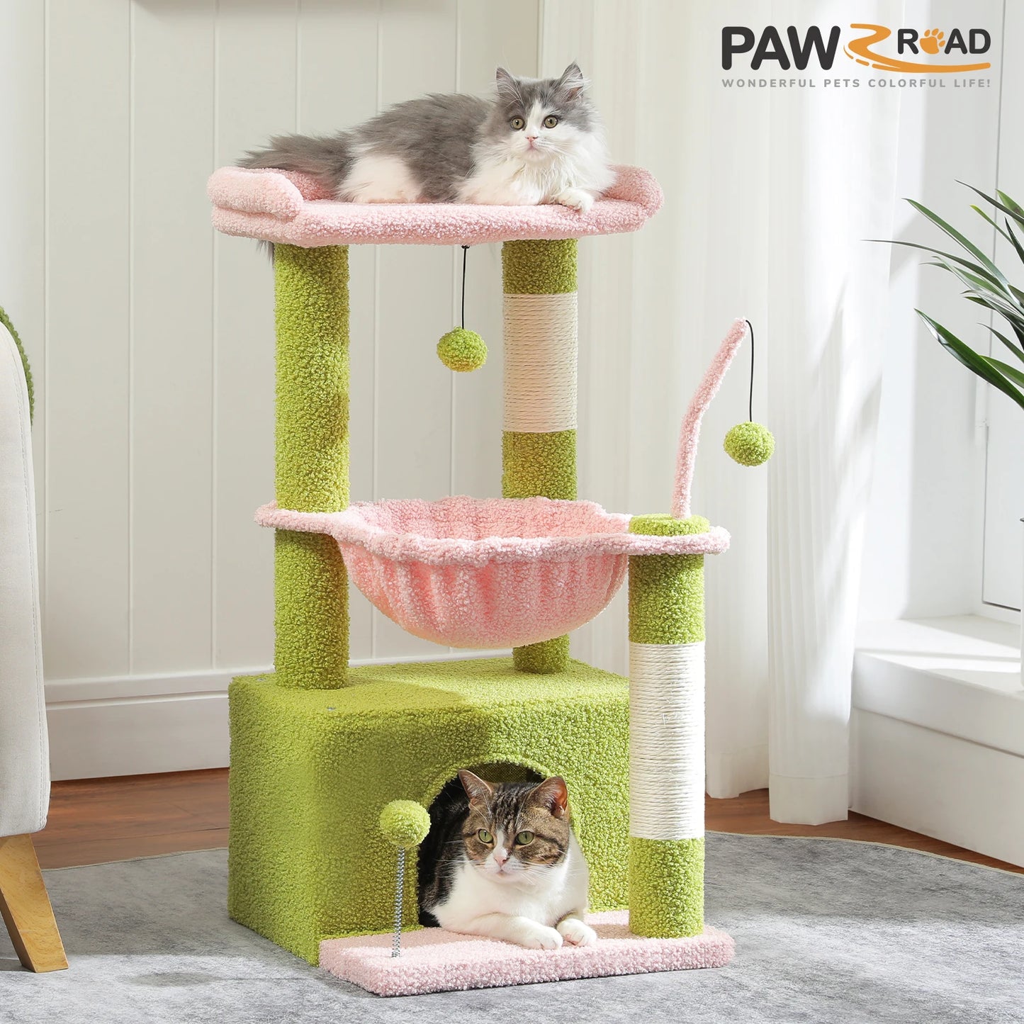 Cat Tree with Large Cat Condo, Scratching Post, Deep Hammock, and Cozy Top Perch