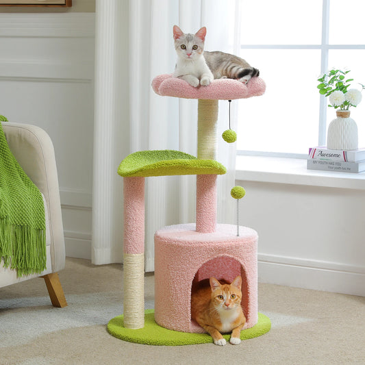 Flower Cat Tree for with Scratching Post, Soft Condo, Plush Perches, and Fluffy Balls
