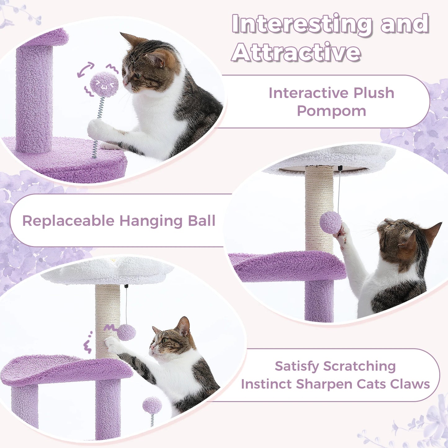 Flower Cat Tree for with Scratching Post, Soft Condo, Plush Perches, and Fluffy Balls
