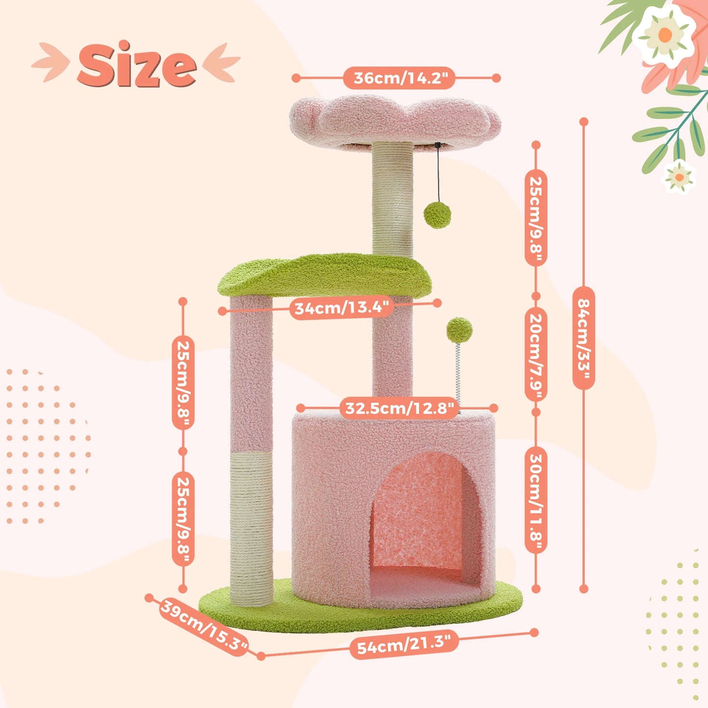 Flower Cat Tree for with Scratching Post, Soft Condo, Plush Perches, and Fluffy Balls