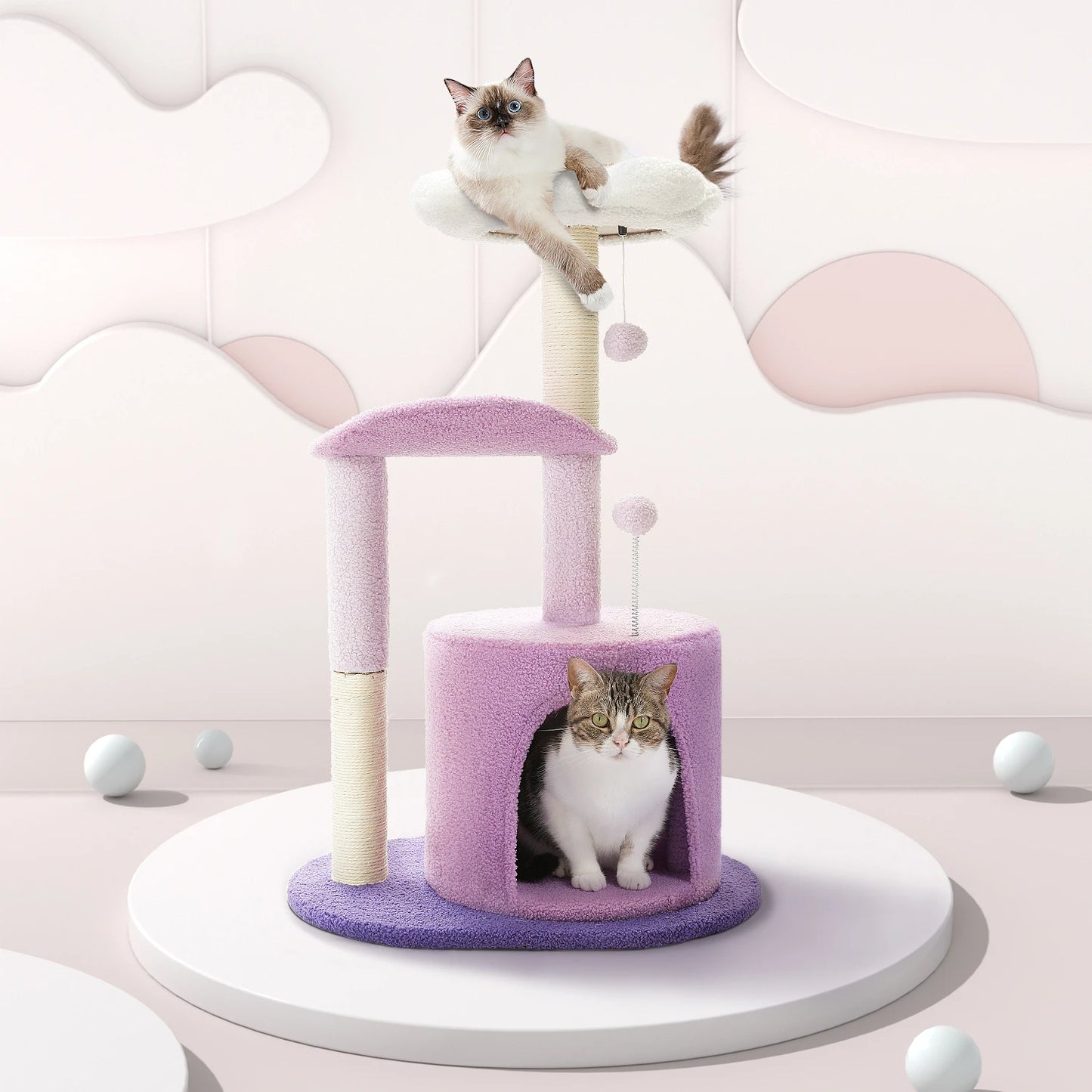 Flower Cat Tree for with Scratching Post, Soft Condo, Plush Perches, and Fluffy Balls