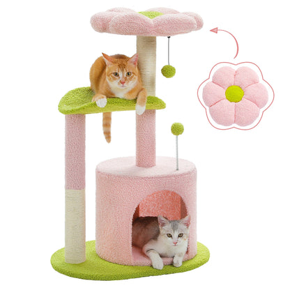 Flower Cat Tree for with Scratching Post, Soft Condo, Plush Perches, and Fluffy Balls