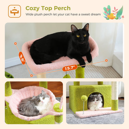 Cactus Cat Tree with Large Condo, Scratching Post, Deep Hammock, and Cozy Top Perch