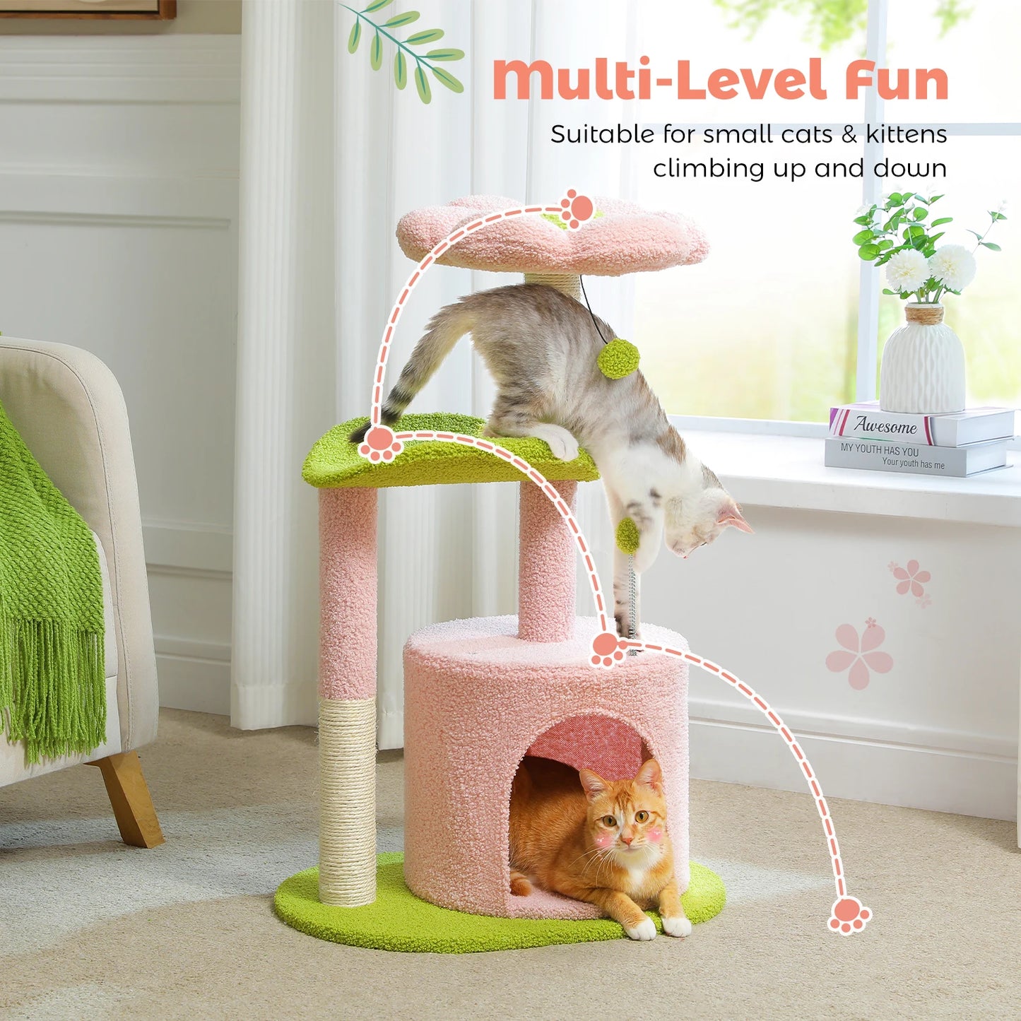 Flower Cat Tree for with Scratching Post, Soft Condo, Plush Perches, and Fluffy Balls