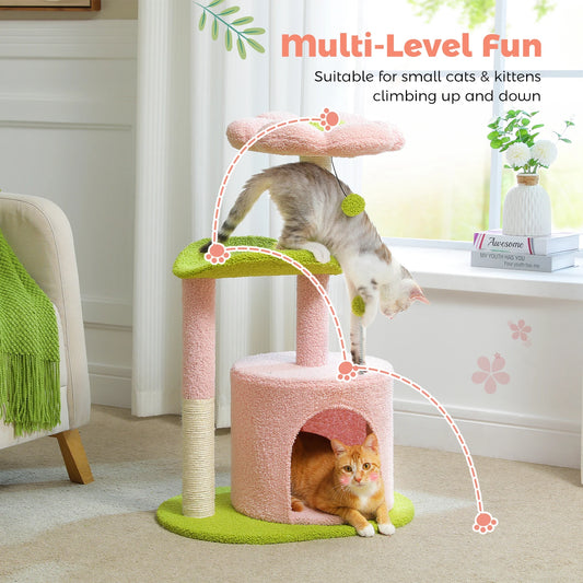 Flower Cat Tree for with Scratching Post, Soft Condo, Plush Perches, and Fluffy Balls