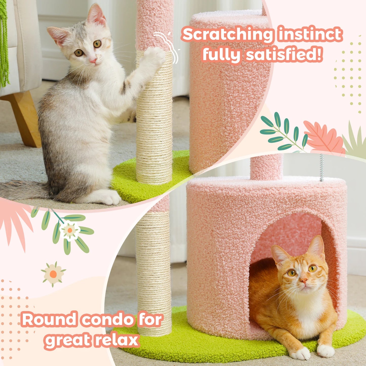 Flower Cat Tree for with Scratching Post, Soft Condo, Plush Perches, and Fluffy Balls