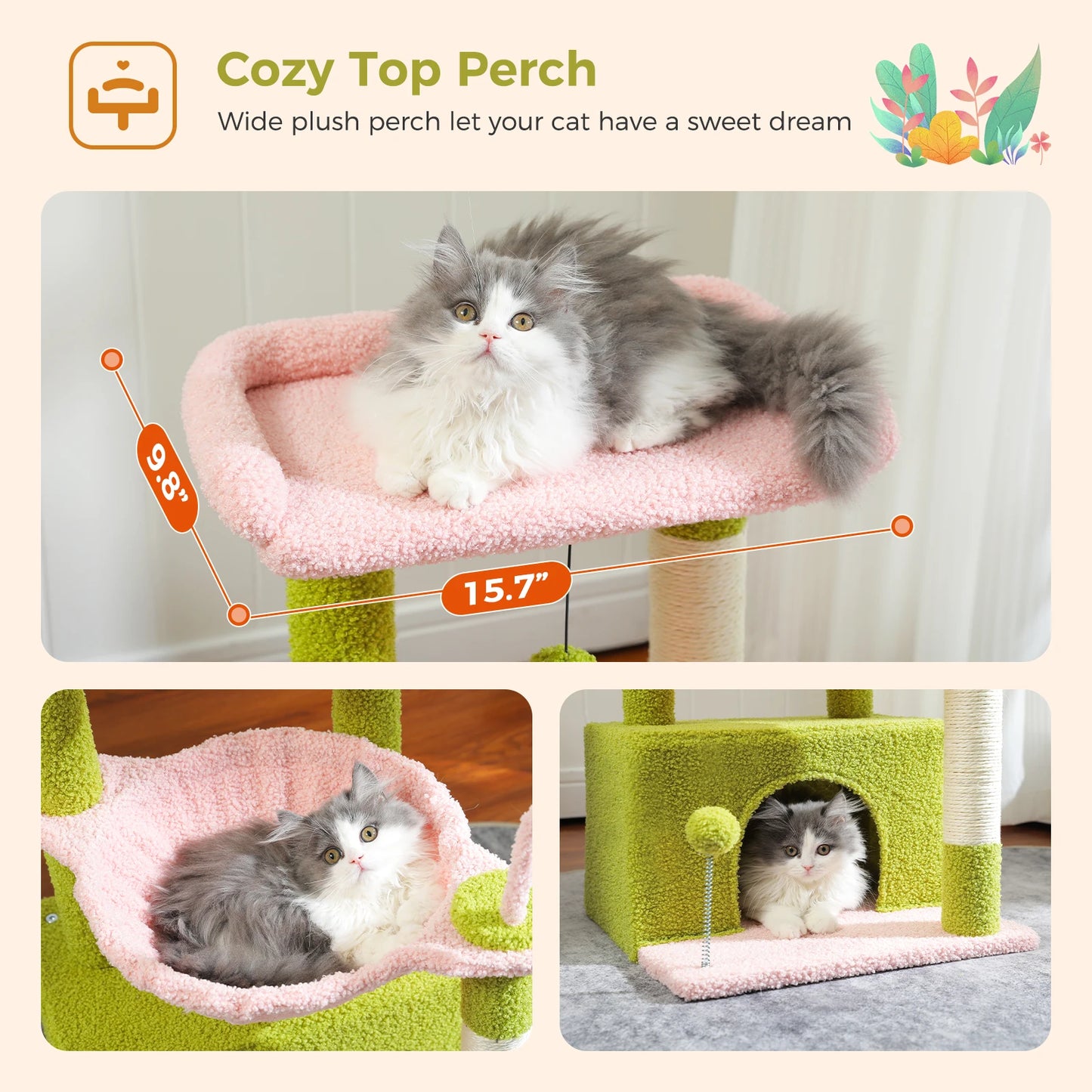 Cat Tree with Large Cat Condo, Scratching Post, Deep Hammock, and Cozy Top Perch