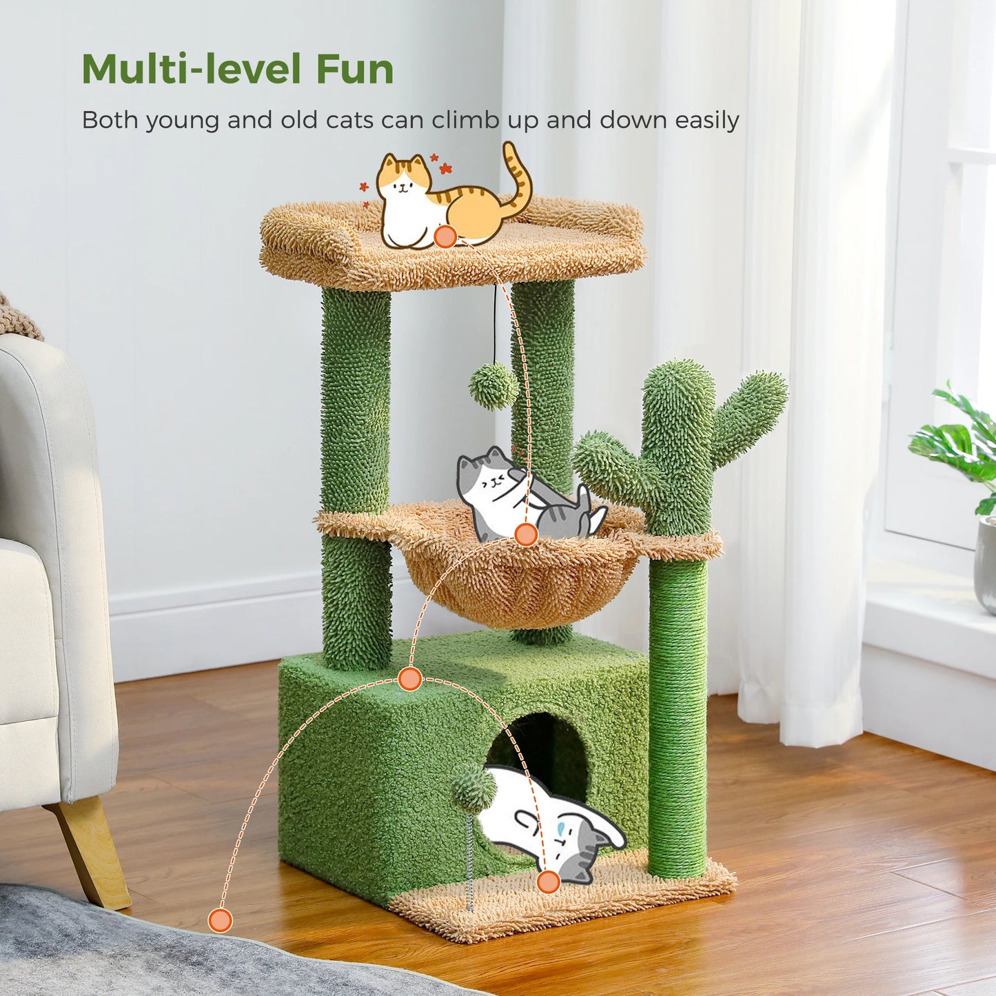 Cat Tree with Large Cat Condo, Scratching Post, Deep Hammock, and Cozy Top Perch