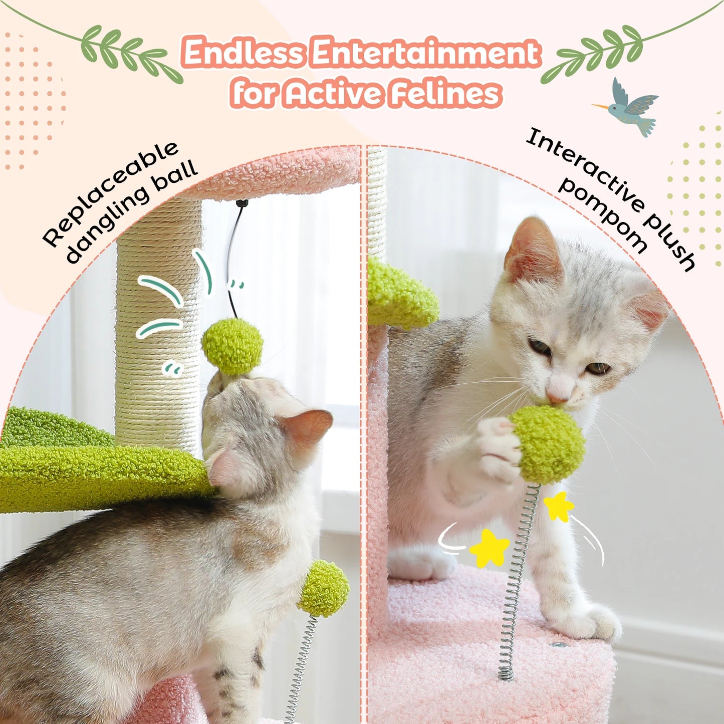 Flower Cat Tree for with Scratching Post, Soft Condo, Plush Perches, and Fluffy Balls