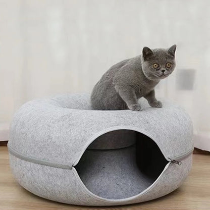 Felt Donut Bed for Cats with Tunnel to hide