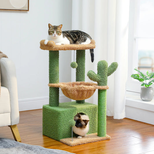 Cactus Cat Tree with Large Condo, Scratching Post, Deep Hammock, and Cozy Top Perch