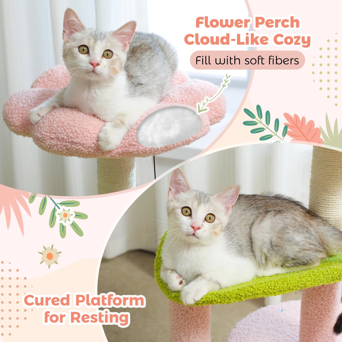 Flower Cat Tree for with Scratching Post, Soft Condo, Plush Perches, and Fluffy Balls
