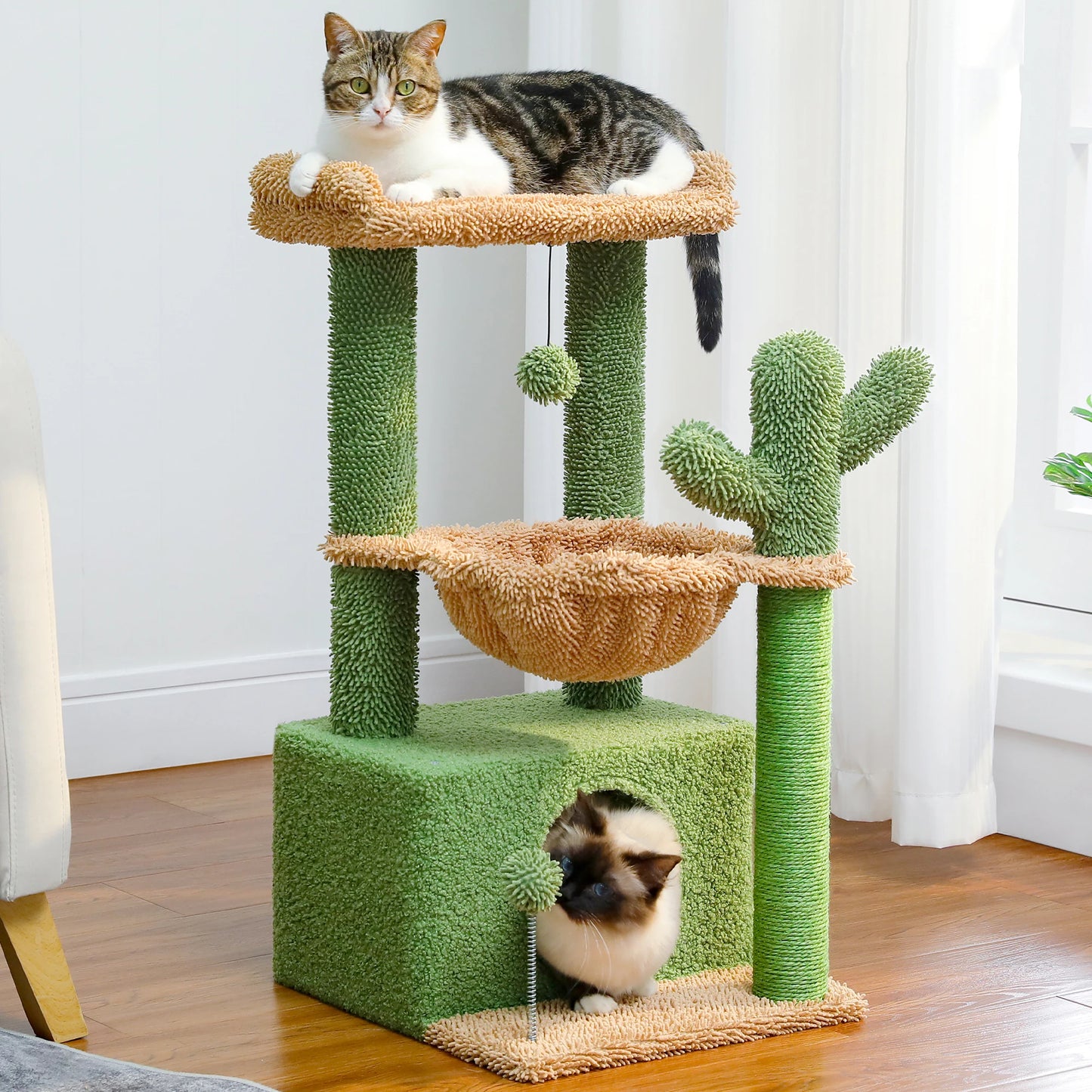 Cactus Cat Tree with Large Condo, Scratching Post, Deep Hammock, and Cozy Top Perch