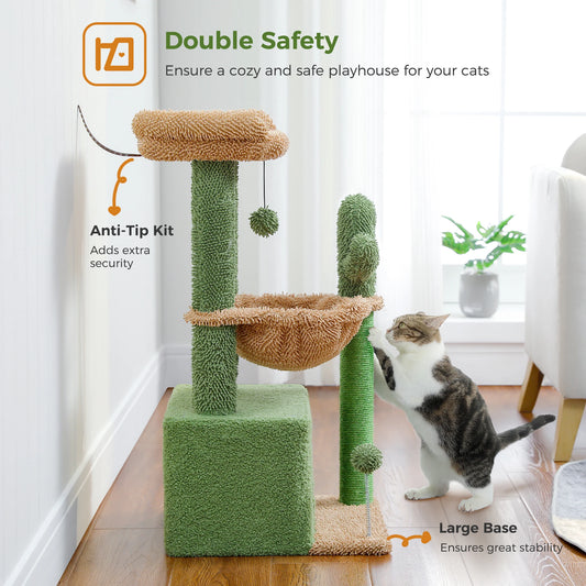 Cactus Cat Tree with Large Condo, Scratching Post, Deep Hammock, and Cozy Top Perch
