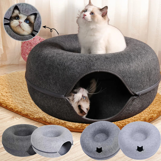 Felt Donut Bed for Cats with Tunnel to hide
