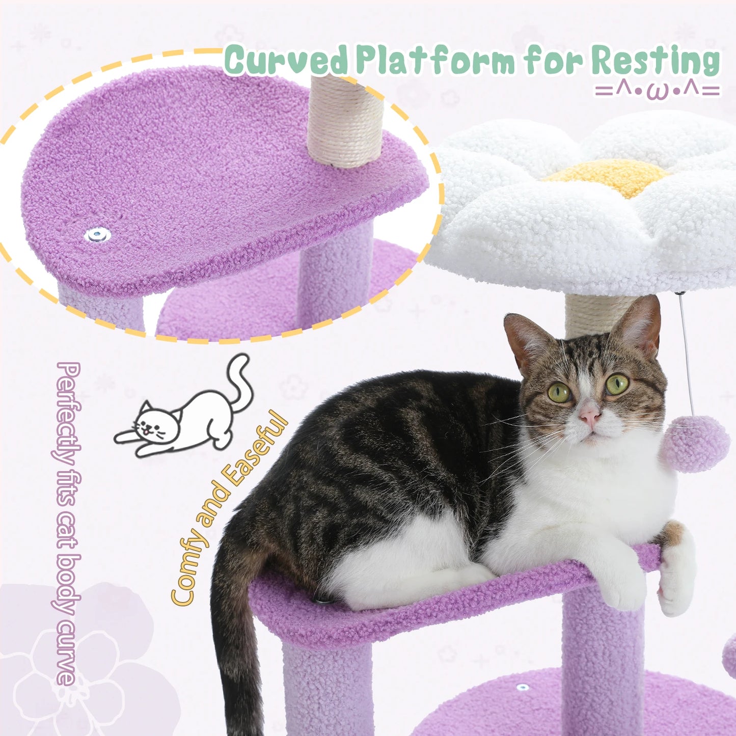 Flower Cat Tree for with Scratching Post, Soft Condo, Plush Perches, and Fluffy Balls