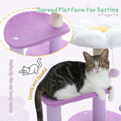 Flower Cat Tree for with Scratching Post, Soft Condo, Plush Perches, and Fluffy Balls