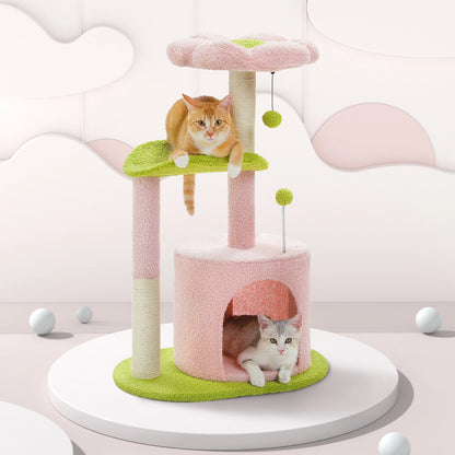 Flower Cat Tree for with Scratching Post, Soft Condo, Plush Perches, and Fluffy Balls