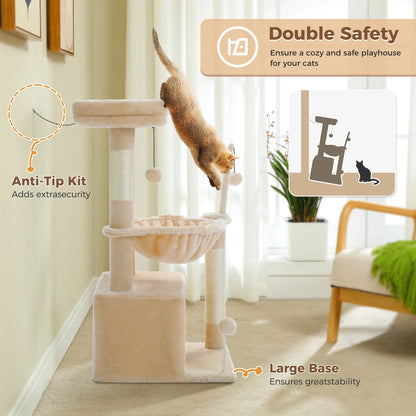 Cat Tree with Large Cat Condo, Scratching Post, Deep Hammock, and Cozy Top Perch