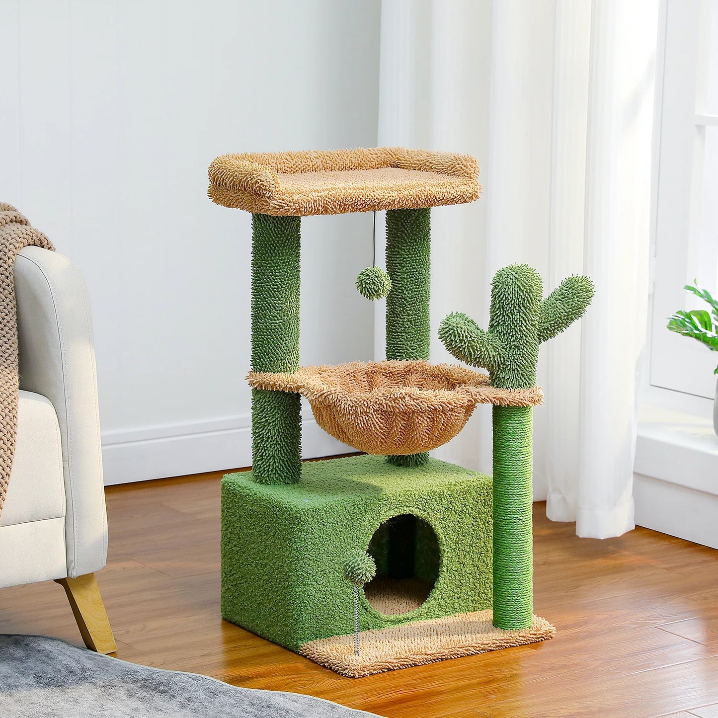 Cactus Cat Tree with Large Condo, Scratching Post, Deep Hammock, and Cozy Top Perch