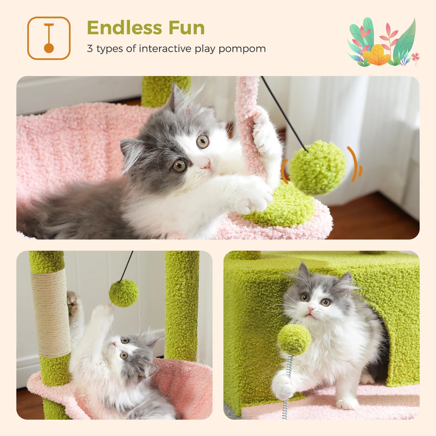 Cactus Cat Tree with Large Condo, Scratching Post, Deep Hammock, and Cozy Top Perch