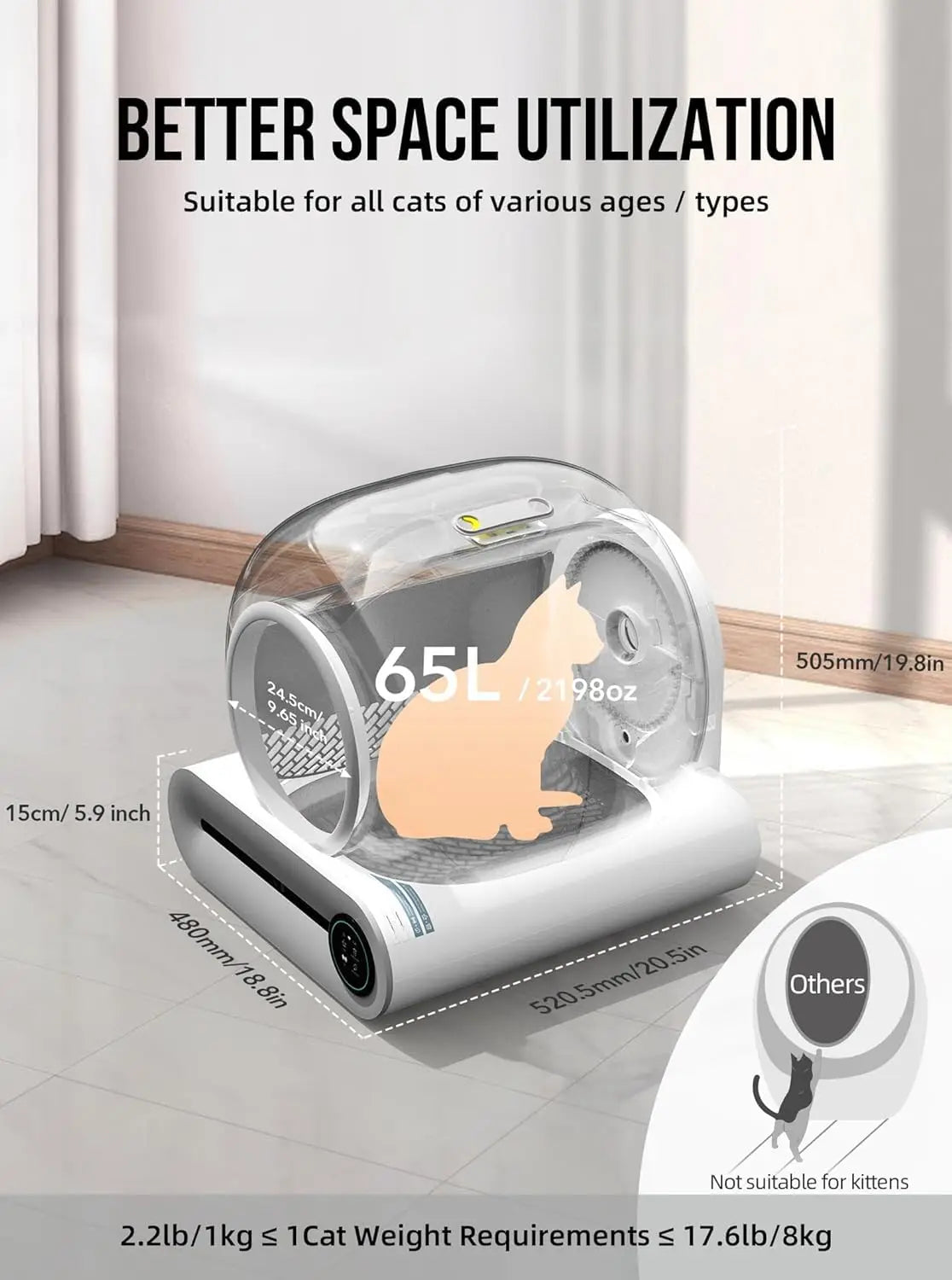 Tonepie 65L Automatic Smart Cat Litter Box Self Cleaning - Fully Enclosed